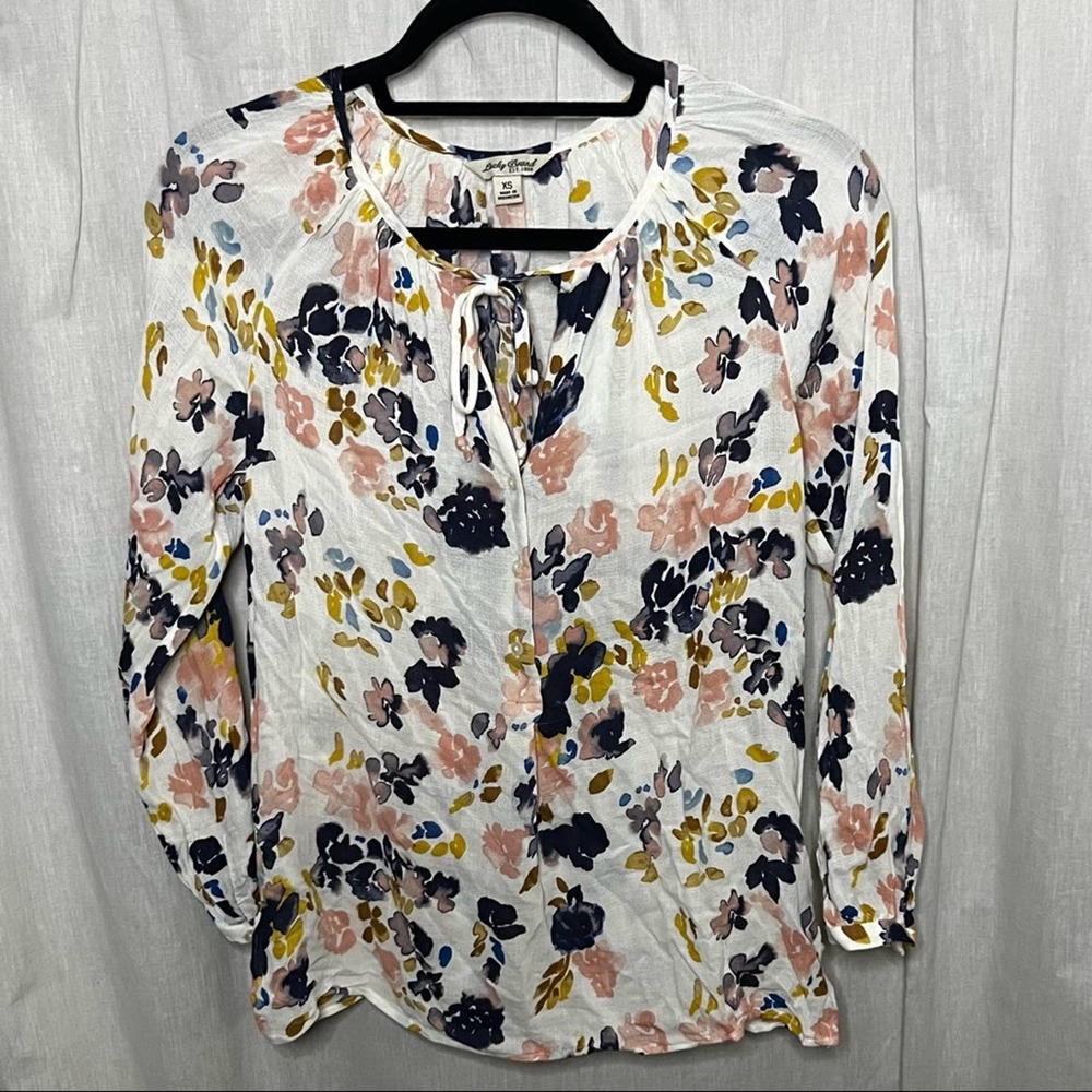 Lucky Brand White & Multicolor Floral-Print Peasant Tie Neck Crepe Blouse - Picture 1 of 16
